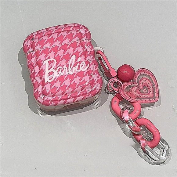 Barbie with pink check design Airpod pro Case with pink hearts Detachable Clip - Picture 3 of 3